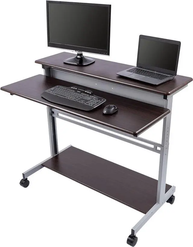 Main image of Stand Up Desk Store Rolling Adjustable Height Two Tier Standing Desk Computer Workstation (Silver Frame/Dark Walnut Top, 48" Wide)