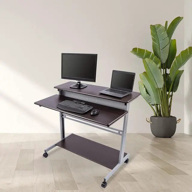 Alt view image 2 of 6 - Stand Up Desk Store Rolling Adjustable Height Two Tier Standing Desk Computer Workstation (Silver Frame/Dark Walnut Top, 48" Wide)