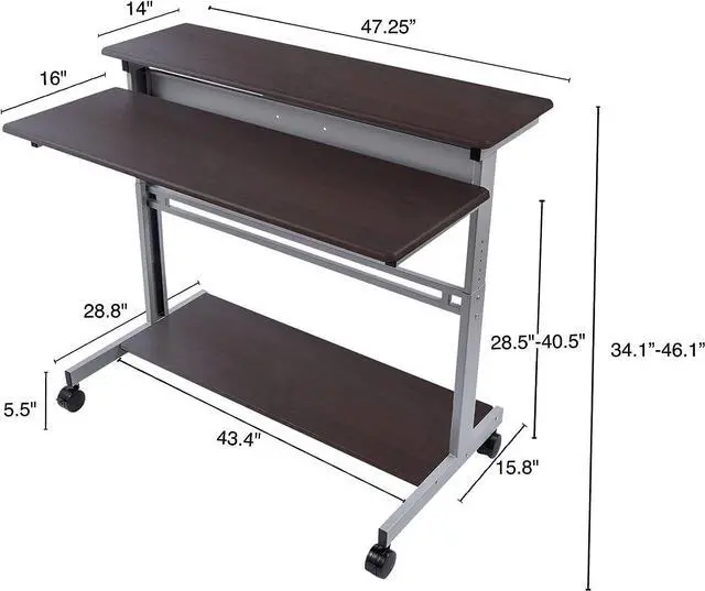 Alt view image 3 of 6 - Stand Up Desk Store Rolling Adjustable Height Two Tier Standing Desk Computer Workstation (Silver Frame/Dark Walnut Top, 48" Wide)