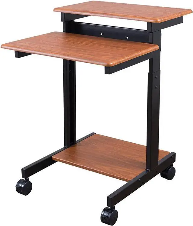 Alt view image 7 of 7 - Stand Up Desk Store Rolling Adjustable Height Two Tier Standing Computer Workstation (Black Frame/Teak Top, 24" Wide) by DT