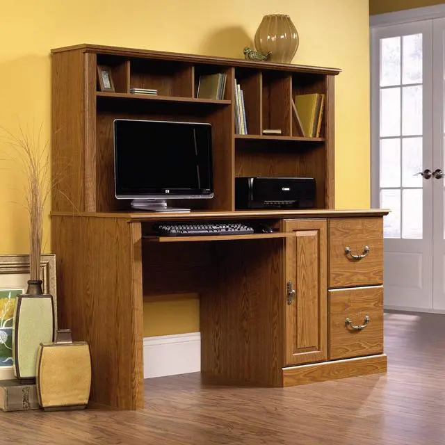Alt view image 2 of 6 - Sauder Orchard Hills Computer Desk with Hutch, Carolina Oak finish, L: 58.74" x D: 23.47" x H: 57.24",