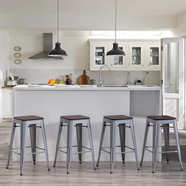 Alt view image 6 of 6 - Andeworld Bar Stools Set of 4 Stackable Metal Bar Stools Industrial Counter Height Stools Backless Barstools with Wooden Seats (26 inch, Silver with Wooden Seats)