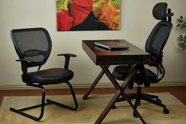 Alt view image 2 of 4 - SPACE Seating Professional AirGrid Dark Back and Padded Black Eco Leather Seat, Fixed Arms and Lumbar Support Sled Base Visitors Chair