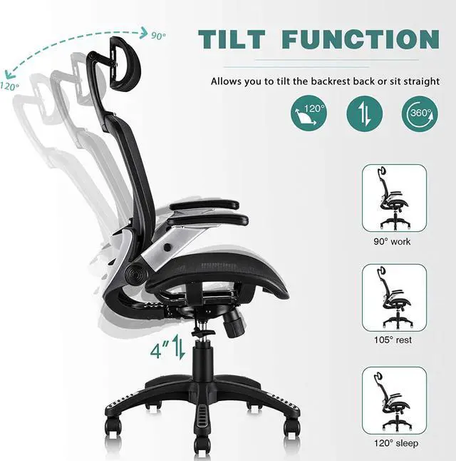 Alt view image 4 of 6 - Ergonomic Mesh Office Chair, High Back Desk Chair - Adjustable Headrest with Flip-Up Arms, Tilt Function, Lumbar Support and PU Wheels, Swivel Computer Task Chair
