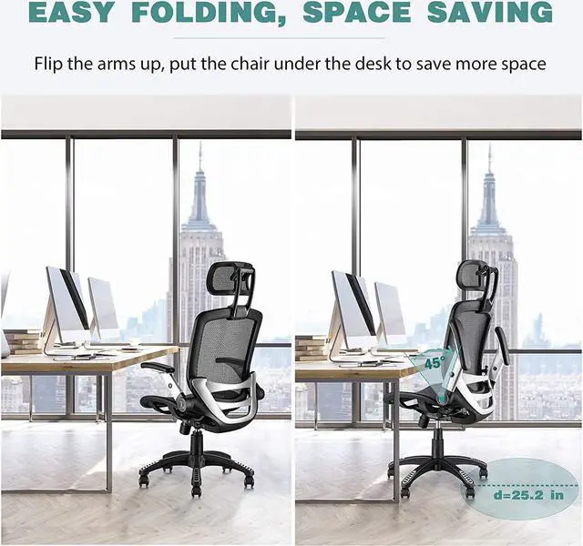 Alt view image 7 of 7 - Ergonomic Mesh Office Chair, High Back Desk Chair - Adjustable Headrest with Flip-Up Arms, Tilt Function, Lumbar Support and PU Wheels, Swivel Computer Task Chair
