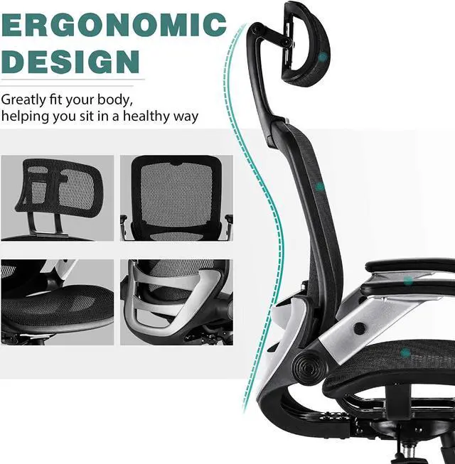 Alt view image 5 of 6 - Ergonomic Mesh Office Chair, High Back Desk Chair - Adjustable Headrest with Flip-Up Arms, Tilt Function, Lumbar Support and PU Wheels, Swivel Computer Task Chair