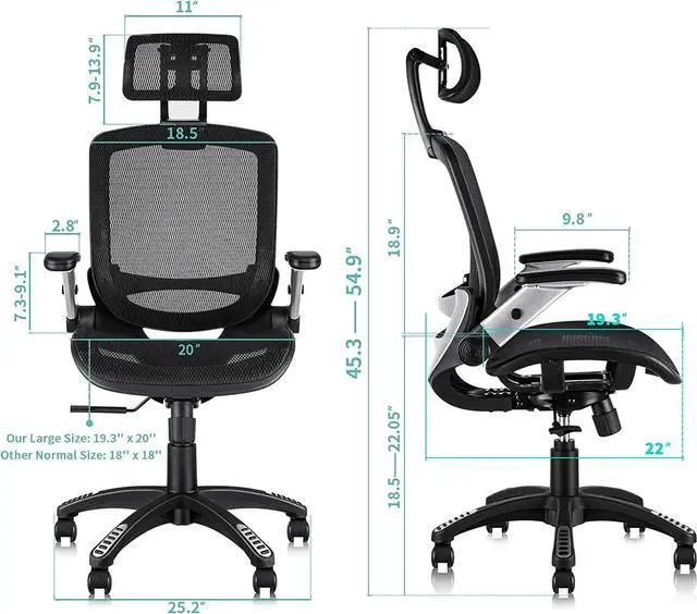 Alt view image 3 of 7 - Ergonomic Mesh Office Chair, High Back Desk Chair - Adjustable Headrest with Flip-Up Arms, Tilt Function, Lumbar Support and PU Wheels, Swivel Computer Task Chair