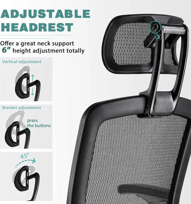 Alt view image 4 of 7 - Ergonomic Mesh Office Chair, High Back Desk Chair - Adjustable Headrest with Flip-Up Arms, Tilt Function, Lumbar Support and PU Wheels, Swivel Computer Task Chair