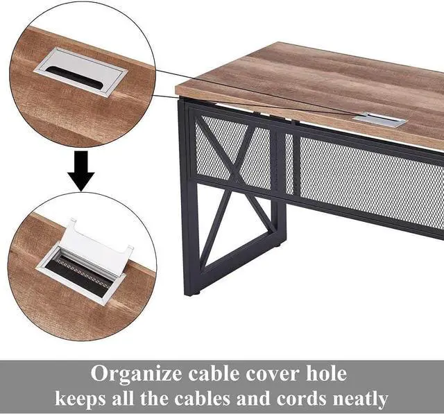Alt view image 7 of 7 - BON AUGURE Industrial Home Office Desks, Rustic Wood Computer Desk, Farmhouse Sturdy Metal Writing Desk (60 Inch, Vintage Oak)
