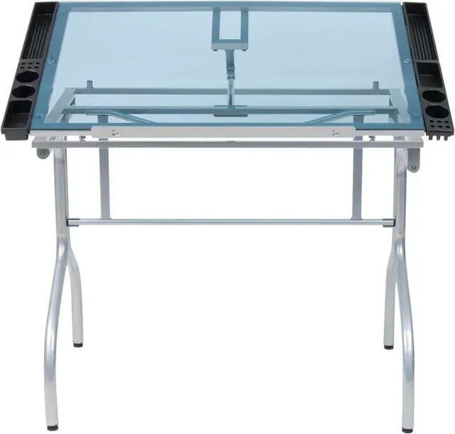 Alt view image 6 of 7 - Studio Designs Folding Modern Glass Top Adjustable Drafting Table Craft Table Drawing Desk Hobby Table Writing Desk Studio Desk, 35.25" W x 23.75" D, Silver / Blue Glass