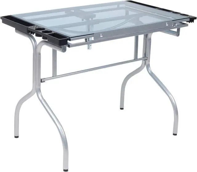 Alt view image 4 of 7 - Studio Designs Folding Modern Glass Top Adjustable Drafting Table Craft Table Drawing Desk Hobby Table Writing Desk Studio Desk, 35.25" W x 23.75" D, Silver / Blue Glass