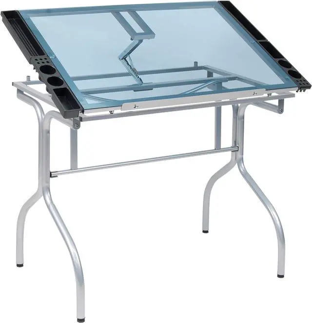 Main image of Studio Designs Folding Modern Glass Top Adjustable Drafting Table Craft Table Drawing Desk Hobby Table Writing Desk Studio Desk, 35.25" W x 23.75" D, Silver / Blue Glass