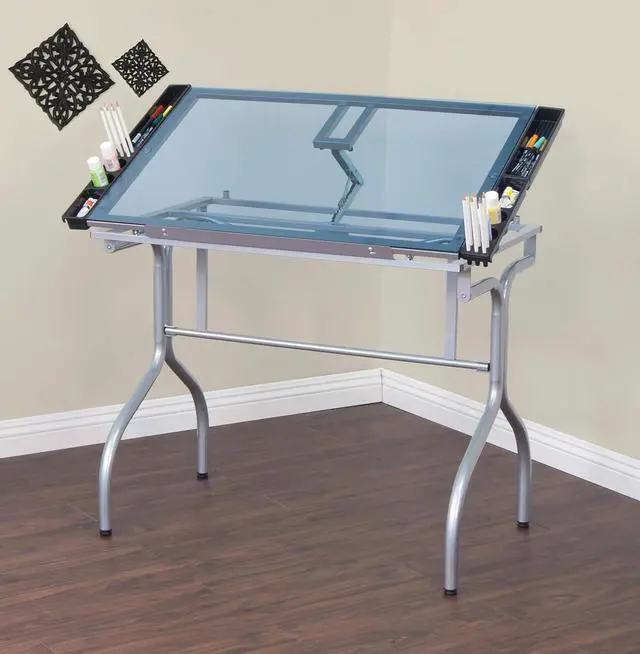 Alt view image 2 of 7 - Studio Designs Folding Modern Glass Top Adjustable Drafting Table Craft Table Drawing Desk Hobby Table Writing Desk Studio Desk, 35.25" W x 23.75" D, Silver / Blue Glass