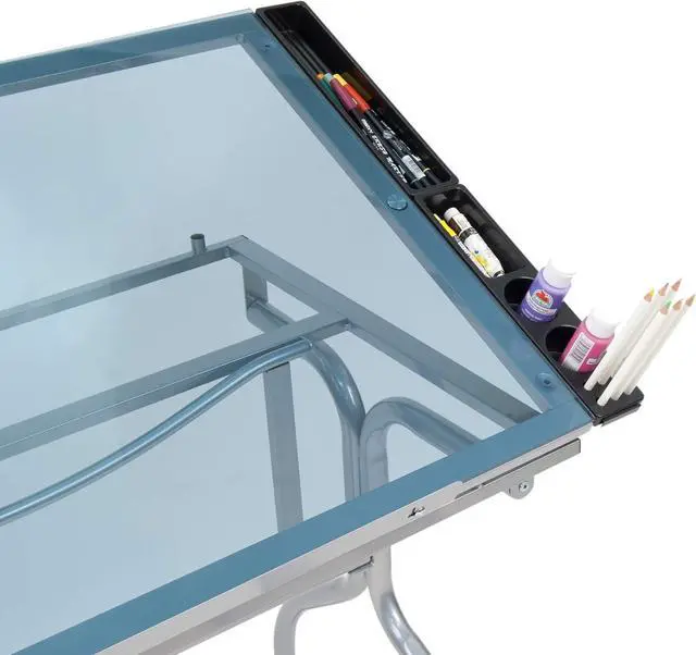 Alt view image 3 of 7 - Studio Designs Folding Modern Glass Top Adjustable Drafting Table Craft Table Drawing Desk Hobby Table Writing Desk Studio Desk, 35.25" W x 23.75" D, Silver / Blue Glass