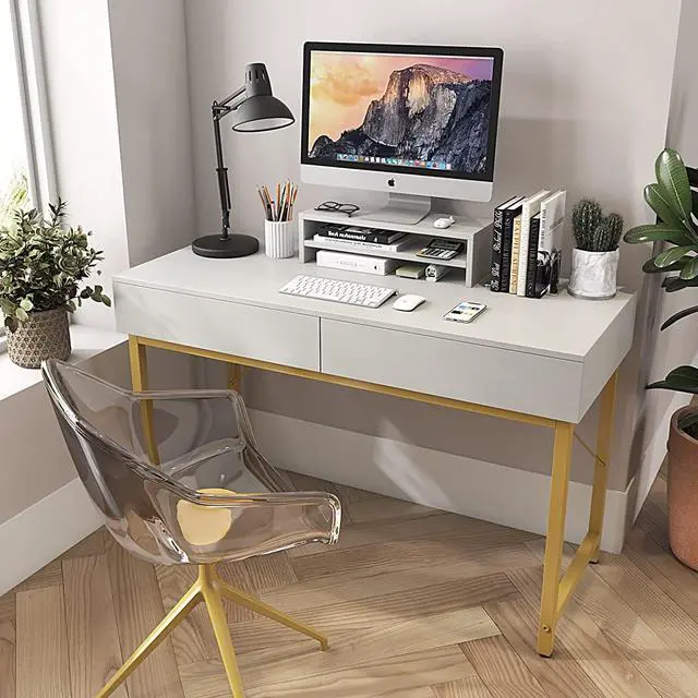 Alt view image 7 of 7 - WESTREE Women Makeup Vanity Desk Without Mirror White - Bedroom Home Office Desk with Drawer, Wooden Height Monitor Stand & Storage Shelf, Great Gift for Your Kids