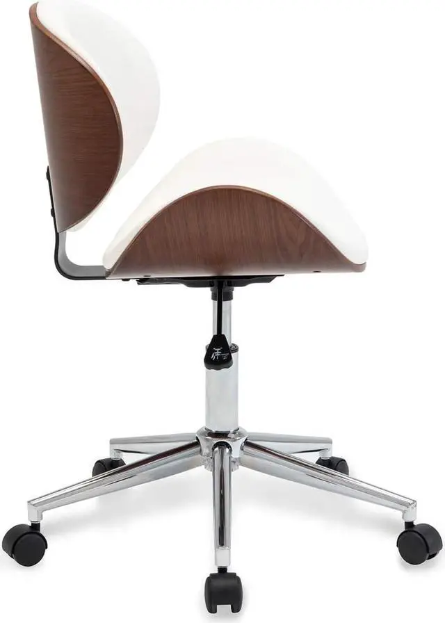 Alt view image 4 of 6 - BELLEZE Mid-Century Modern Desk Chair, Contemporary Office Bentwood Style Wingback Seating, Minimalist Adjustable Vintage Replica with Swivel, Faux Leather and Walnut - Avalon (White)
