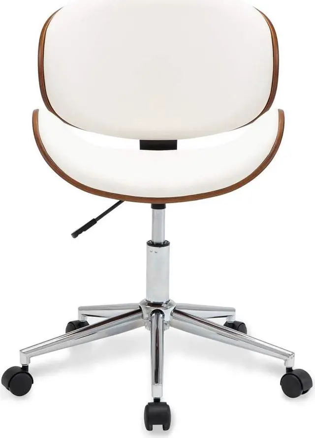 Alt view image 3 of 6 - BELLEZE Mid-Century Modern Desk Chair, Contemporary Office Bentwood Style Wingback Seating, Minimalist Adjustable Vintage Replica with Swivel, Faux Leather and Walnut - Avalon (White)