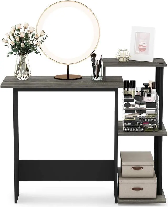 Alt view image 5 of 7 - Furinno Efficient Home Laptop Notebook Computer Desk with Square Shelves, French Oak/Black