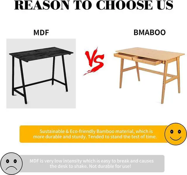 Alt view image 4 of 7 - Nnewvante Writing Computer Desk 46" Bamboo Home Office Table with 2 Drawers, Modern Furniture Simple Study Makeup Workstation