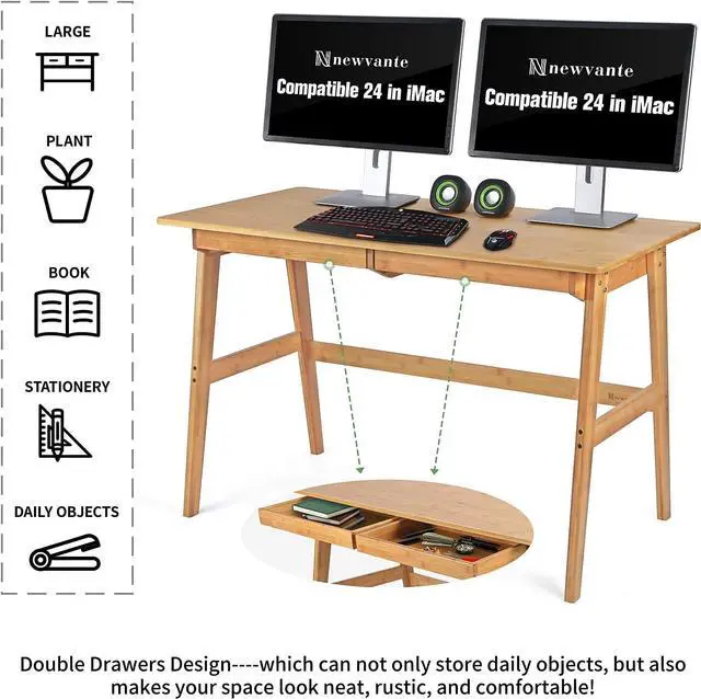 Alt view image 5 of 7 - Nnewvante Writing Computer Desk 46" Bamboo Home Office Table with 2 Drawers, Modern Furniture Simple Study Makeup Workstation