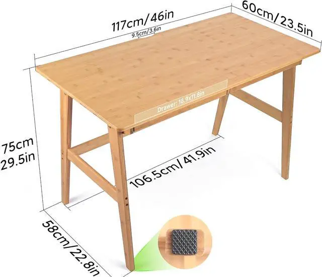 Alt view image 2 of 7 - Nnewvante Writing Computer Desk 46" Bamboo Home Office Table with 2 Drawers, Modern Furniture Simple Study Makeup Workstation