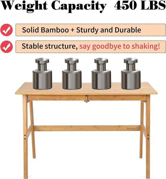 Alt view image 6 of 7 - Nnewvante Writing Computer Desk 46" Bamboo Home Office Table with 2 Drawers, Modern Furniture Simple Study Makeup Workstation