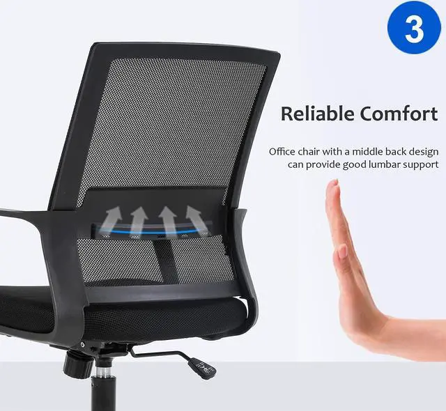 Alt view image 5 of 7 - FDW Office Chair Ergonomic Desk Chair Mid-Back Mesh Computer Chair Lumbar Support Comfortable Executive Adjustable Rolling Swivel Task Chair with Armrests,Black