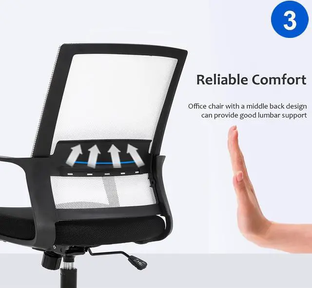 Alt view image 5 of 7 - Office Chair Ergonomic Desk Task Chair Mesh Computer Chair Mid-Back Mesh Home Office Swivel Chair Modern Executive Chair with Wheels Armrests Lumbar Support(White)