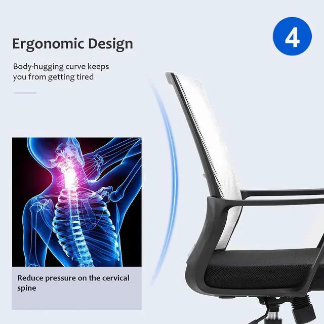 Alt view image 6 of 7 - Office Chair Ergonomic Desk Task Chair Mesh Computer Chair Mid-Back Mesh Home Office Swivel Chair Modern Executive Chair with Wheels Armrests Lumbar Support(White)