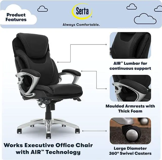 Alt view image 4 of 7 - Serta Bryce Executive Office Chair, Ergonomic Computer DeskChair with Patented AIR Lumbar Technology, Comfortable Layered Body Pillows for Cushioning, SertaQuality Foam, Bonded Leather, Black