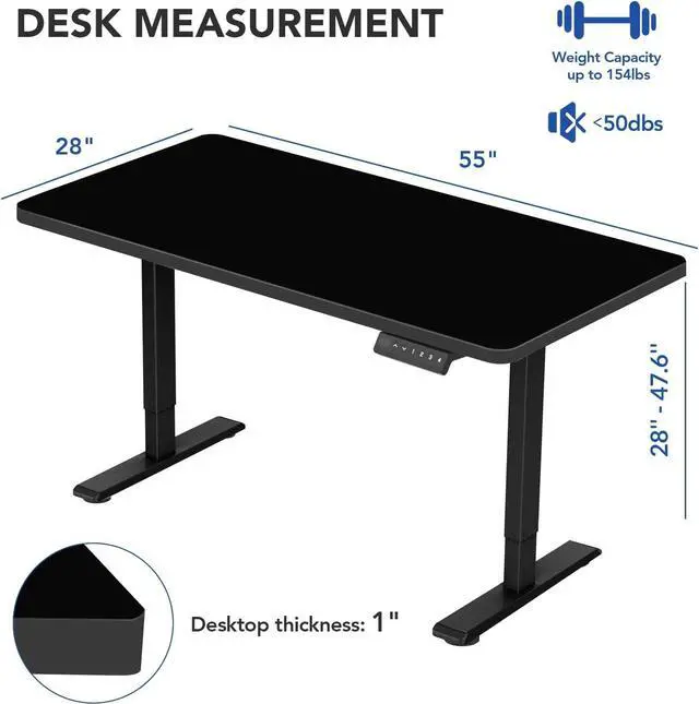 Alt view image 3 of 7 - EN1 Electric Height Adjustable Standing Desk 55 x 28 Inches Whole-Piece Board Memory Controller Home Office Desk(Black Frame + 55" Black Top)