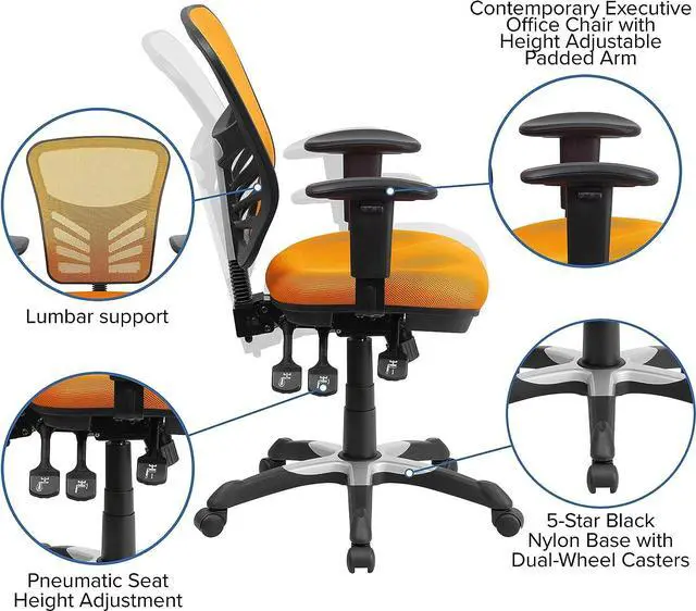 Alt view image 4 of 7 - EMMA + OLIVER Adjustable Arms Mid-Back Orange Mesh Ergonomic Office Chair | Height Adjustable, 360° Swivel