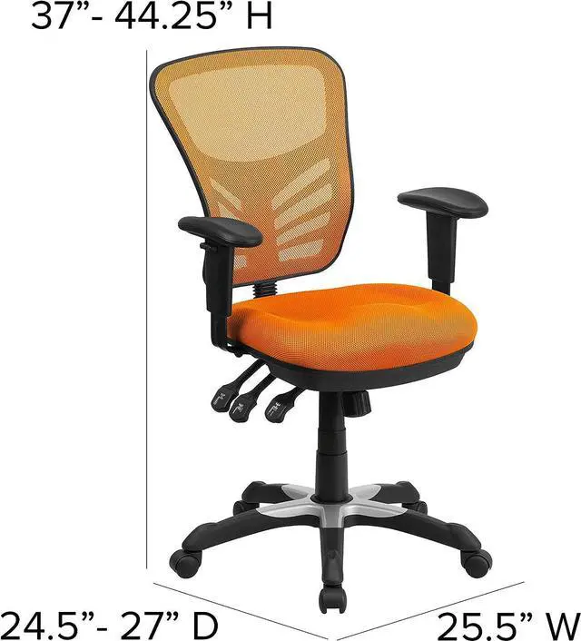 Alt view image 2 of 7 - EMMA + OLIVER Adjustable Arms Mid-Back Orange Mesh Ergonomic Office Chair | Height Adjustable, 360° Swivel