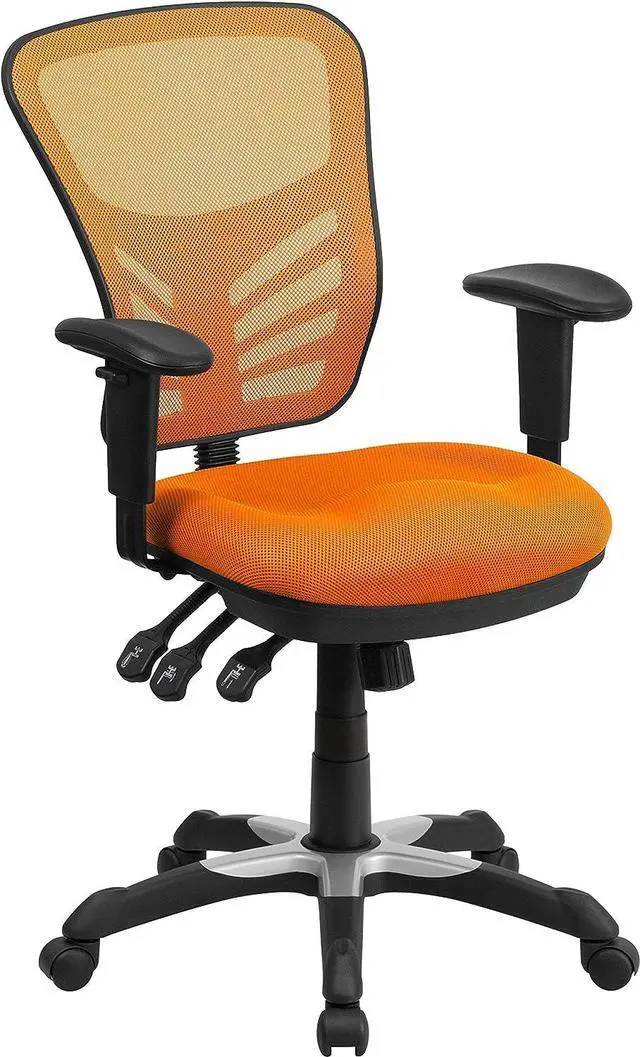 Alt view image 3 of 7 - EMMA + OLIVER Adjustable Arms Mid-Back Orange Mesh Ergonomic Office Chair | Height Adjustable, 360° Swivel