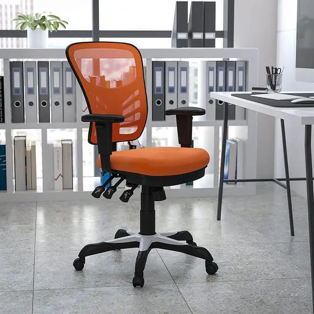Main image of EMMA + OLIVER Adjustable Arms Mid-Back Orange Mesh Ergonomic Office Chair | Height Adjustable, 360° Swivel