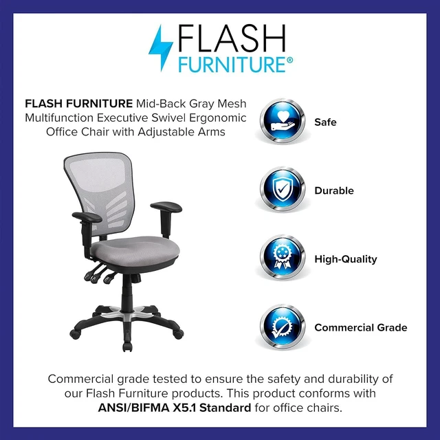 Alt view image 4 of 6 - Flash Furniture Mid-Back Mesh Chair with Triple Paddle Control, Solid, Gray, 25.75" W x 27.5" D x 43.5" H, HL-0001-GY-GG