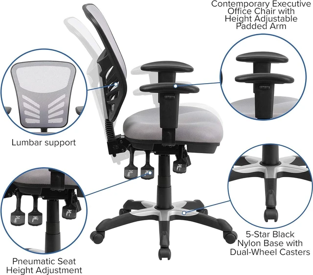 Alt view image 5 of 6 - Flash Furniture Mid-Back Mesh Chair with Triple Paddle Control, Solid, Gray, 25.75" W x 27.5" D x 43.5" H, HL-0001-GY-GG