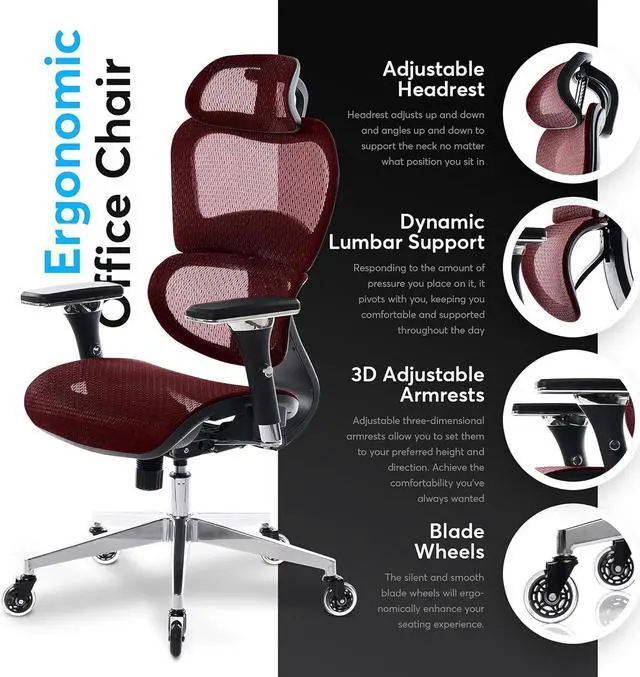 Alt view image 4 of 7 - Oline ErgoPro Ergonomic Office Chair - Rolling Desk Chair with 4D Adjustable Armrest, 3D Lumbar Support and Blade Wheels - Mesh Computer Chair, Gaming Chairs, Executive Swivel Chair (Burgundy Red)