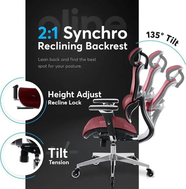 Alt view image 5 of 7 - Oline ErgoPro Ergonomic Office Chair - Rolling Desk Chair with 4D Adjustable Armrest, 3D Lumbar Support and Blade Wheels - Mesh Computer Chair, Gaming Chairs, Executive Swivel Chair (Burgundy Red)
