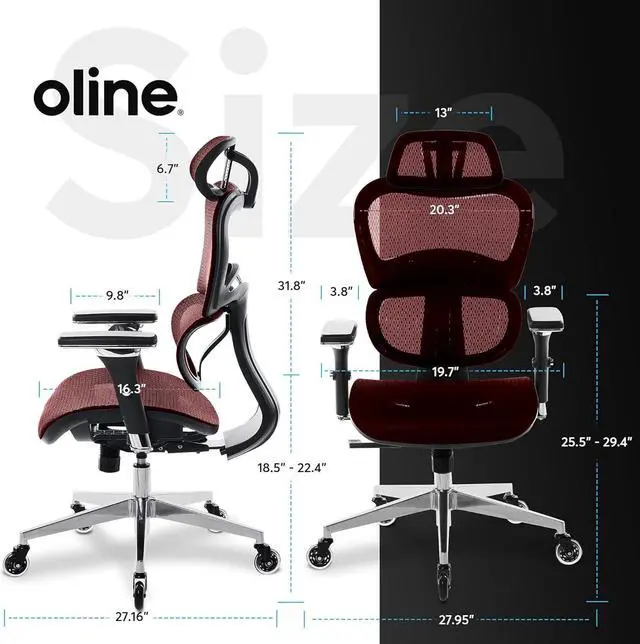 Alt view image 3 of 7 - Oline ErgoPro Ergonomic Office Chair - Rolling Desk Chair with 4D Adjustable Armrest, 3D Lumbar Support and Blade Wheels - Mesh Computer Chair, Gaming Chairs, Executive Swivel Chair (Burgundy Red)