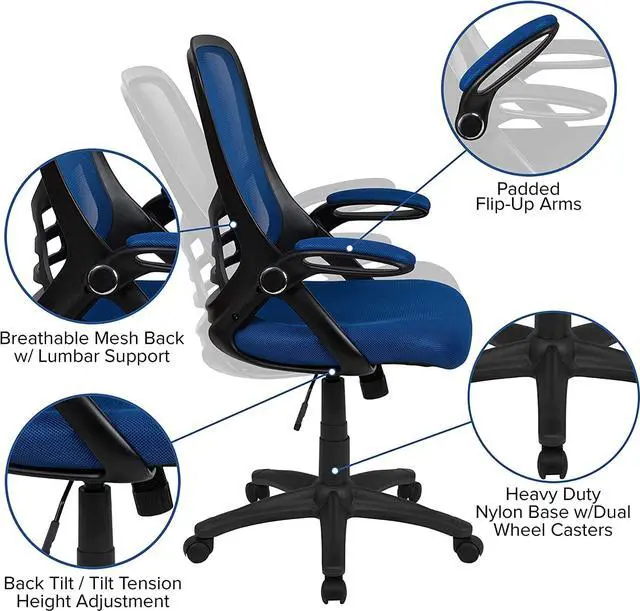 Alt view image 4 of 7 - Flash Furniture Porter High-Back Swivel Office Chair with Adjustable Lumbar Support and Seat Height, Ergonomic Mesh Desk Chair with Flip-Up Armrests, Blue/Black