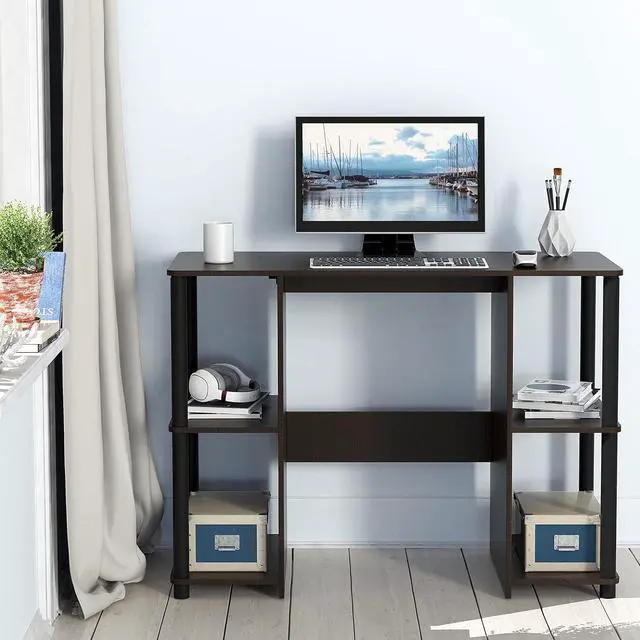 Alt view image 5 of 7 - SHW Compact Home Office Wood Desk with Double Sided Shelves, Espresso