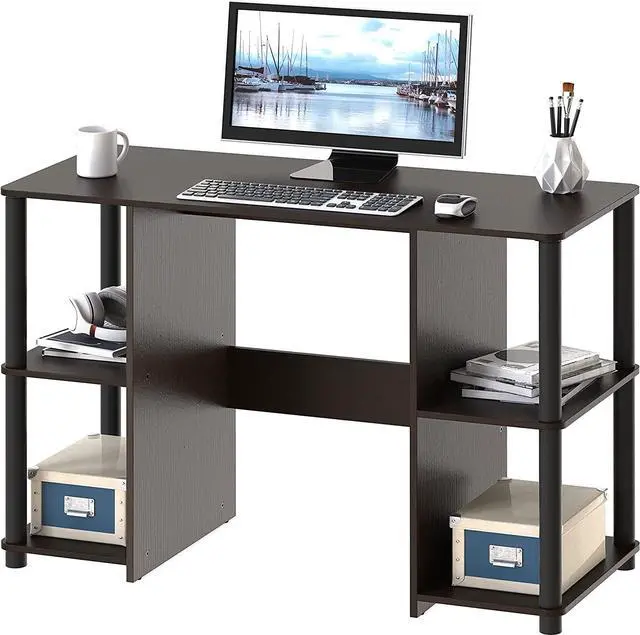 Main image of SHW Compact Home Office Wood Desk with Double Sided Shelves, Espresso
