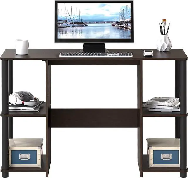 Alt view image 3 of 7 - SHW Compact Home Office Wood Desk with Double Sided Shelves, Espresso