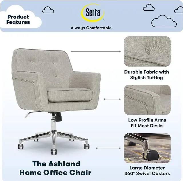 Alt view image 4 of 7 - Serta Ashland Home Office Desk Chair with Button Tufted Mid-Back, Memory Foam Cushion and Padded Arms, Mid Century Modern Vanity Armchair with Wheels for Bedroom, Chrome Metal Base, Light Gray