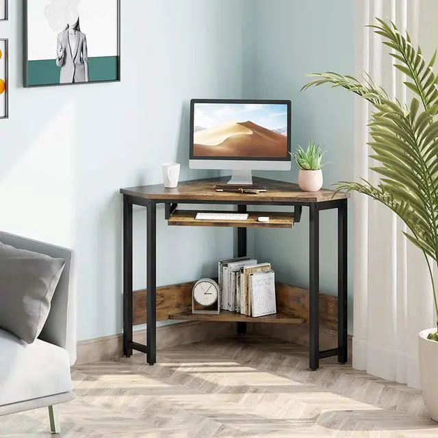 Alt view image 2 of 7 - ODK Corner Desk, Triangle Computer Desk, Small Desk Sturdy Steel Frame for Workstation with Smooth Keyboard Tray & Storage Shelves, Vintage