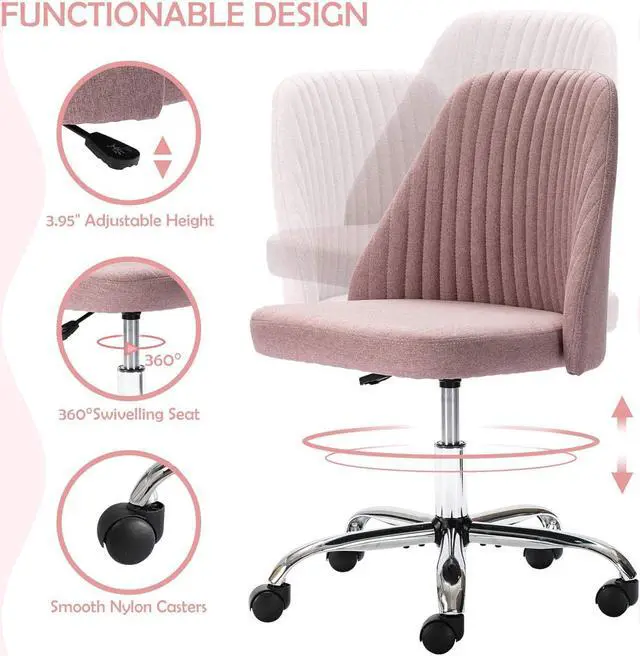 Alt view image 4 of 6 - Home Office Desk Chair, Modern Linen Fabric Chair Adjustable Swivel Task Chair Mid-Back Cute Upholstered Armless Computer Chair with Wheels for Bedroom Studying Room Vanity Room (Pink)