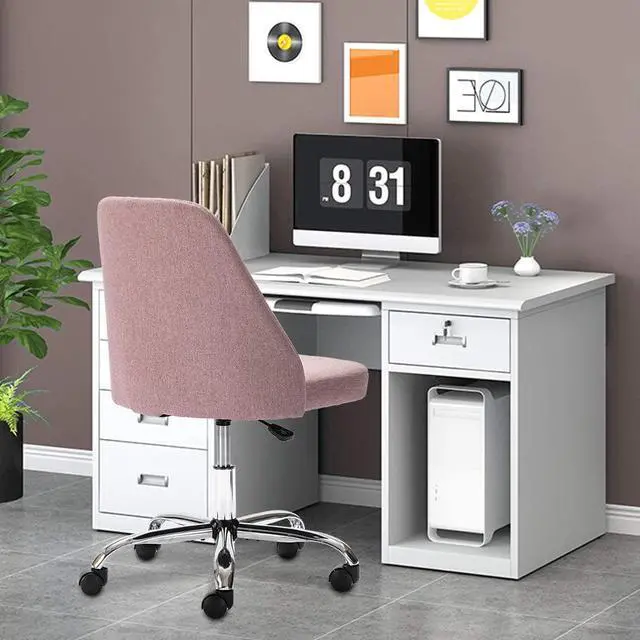 Alt view image 2 of 6 - Home Office Desk Chair, Modern Linen Fabric Chair Adjustable Swivel Task Chair Mid-Back Cute Upholstered Armless Computer Chair with Wheels for Bedroom Studying Room Vanity Room (Pink)