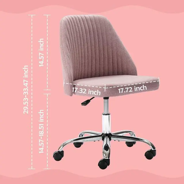 Alt view image 3 of 6 - Home Office Desk Chair, Modern Linen Fabric Chair Adjustable Swivel Task Chair Mid-Back Cute Upholstered Armless Computer Chair with Wheels for Bedroom Studying Room Vanity Room (Pink)