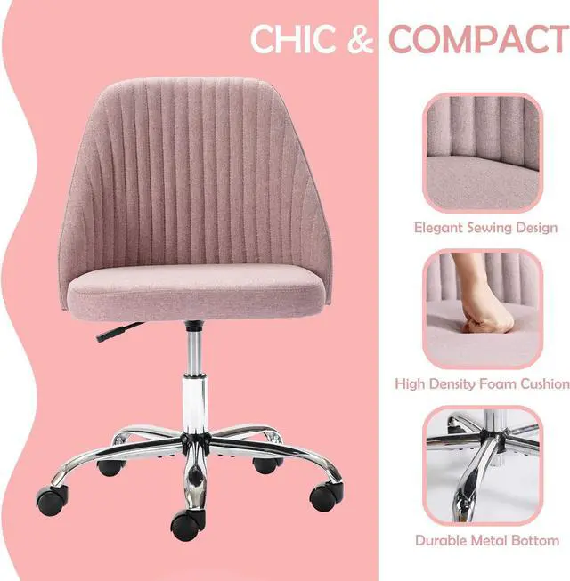 Alt view image 5 of 6 - Home Office Desk Chair, Modern Linen Fabric Chair Adjustable Swivel Task Chair Mid-Back Cute Upholstered Armless Computer Chair with Wheels for Bedroom Studying Room Vanity Room (Pink)